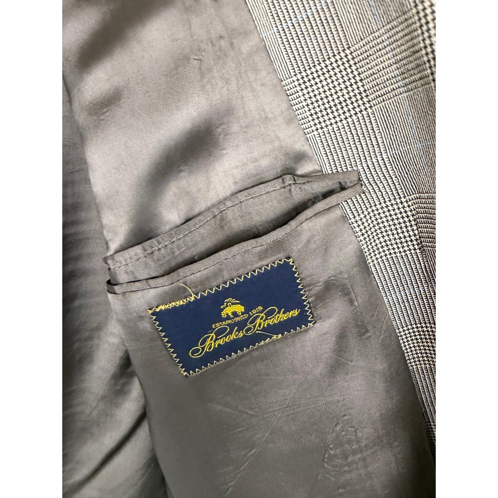 Vintage Brooks Brothers Mens 40R Wool Glen Plaid Blazer Sport Coat Tan Blue - Picture 5 of 11